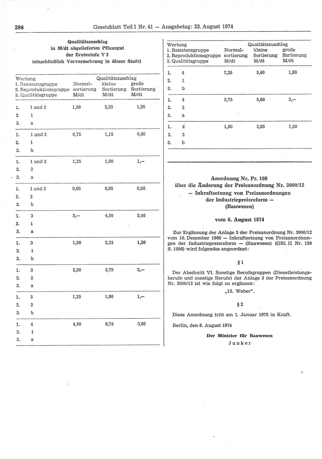 Gesetzblatt (GBl.) der Deutschen Demokratischen Republik (DDR) Teil Ⅰ 1974, Seite 386 (GBl. DDR Ⅰ 1974, S. 386)