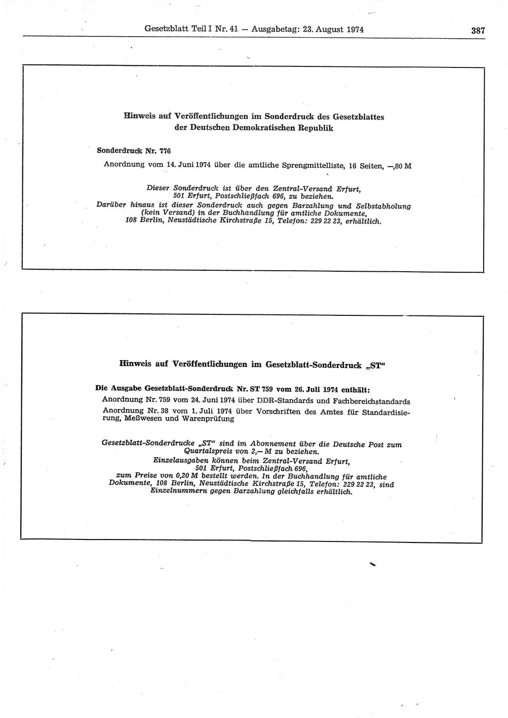 Gesetzblatt (GBl.) der Deutschen Demokratischen Republik (DDR) Teil Ⅰ 1974, Seite 387 (GBl. DDR Ⅰ 1974, S. 387)