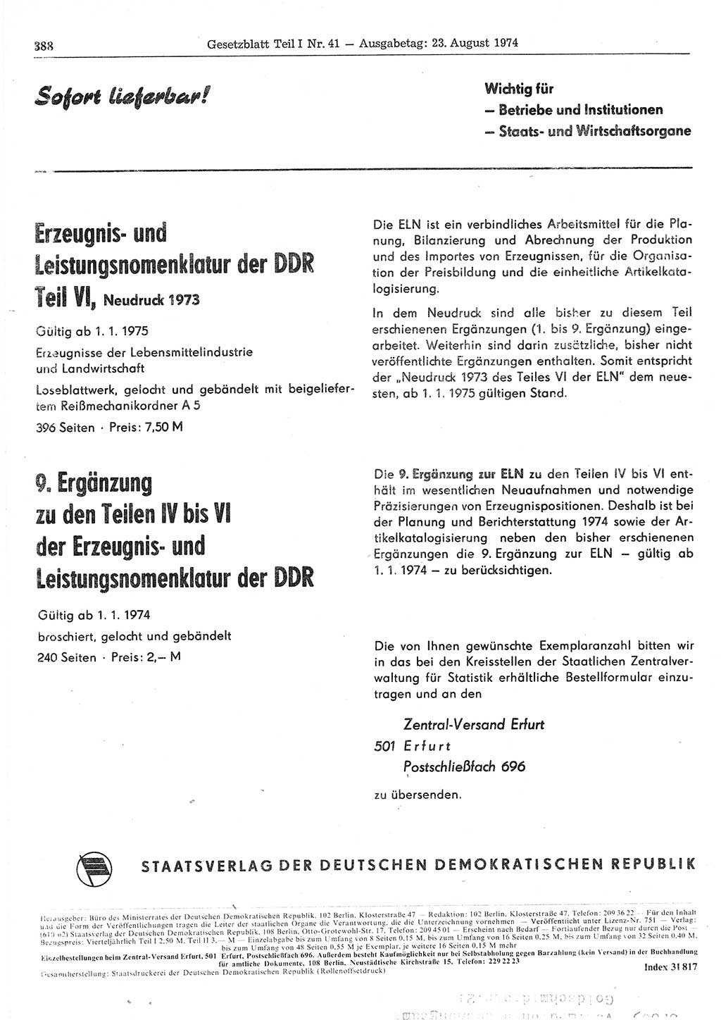 Gesetzblatt (GBl.) der Deutschen Demokratischen Republik (DDR) Teil Ⅰ 1974, Seite 388 (GBl. DDR Ⅰ 1974, S. 388)