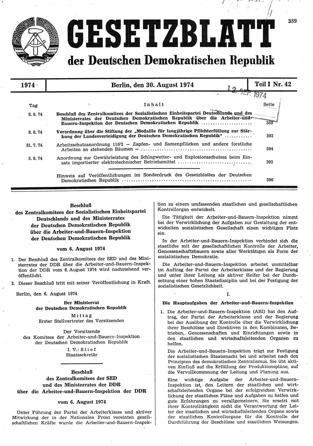 Gesetzblatt (GBl.) der Deutschen Demokratischen Republik (DDR) Teil Ⅰ 1974, Seite 389 (GBl. DDR Ⅰ 1974, S. 389)