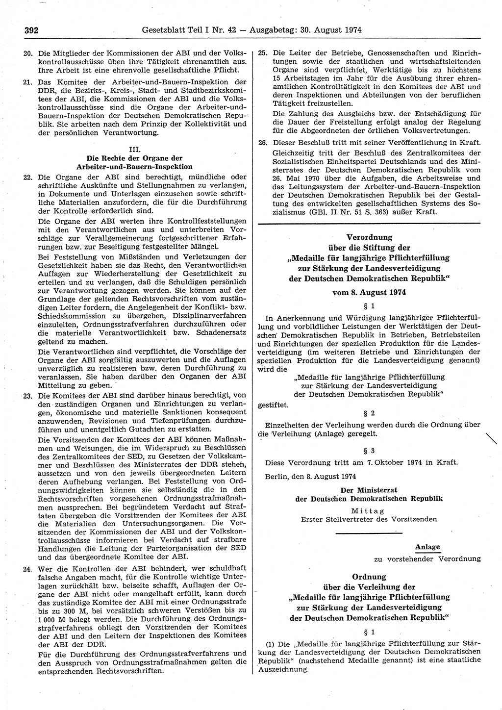 Gesetzblatt (GBl.) der Deutschen Demokratischen Republik (DDR) Teil Ⅰ 1974, Seite 392 (GBl. DDR Ⅰ 1974, S. 392)