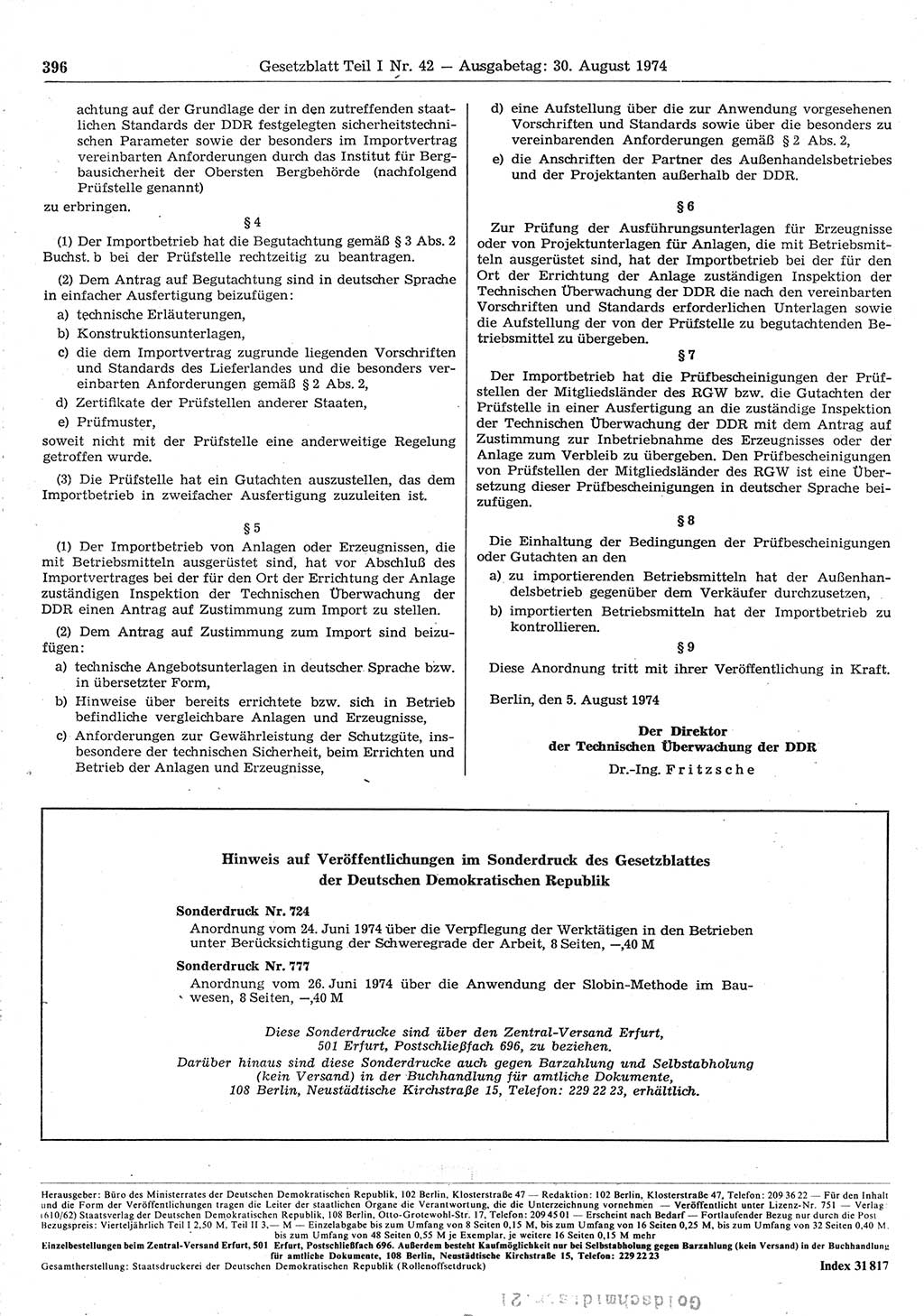 Gesetzblatt (GBl.) der Deutschen Demokratischen Republik (DDR) Teil Ⅰ 1974, Seite 396 (GBl. DDR Ⅰ 1974, S. 396)