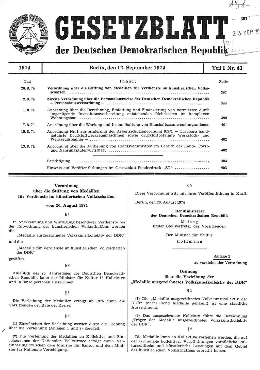 Gesetzblatt (GBl.) der Deutschen Demokratischen Republik (DDR) Teil Ⅰ 1974, Seite 397 (GBl. DDR Ⅰ 1974, S. 397)