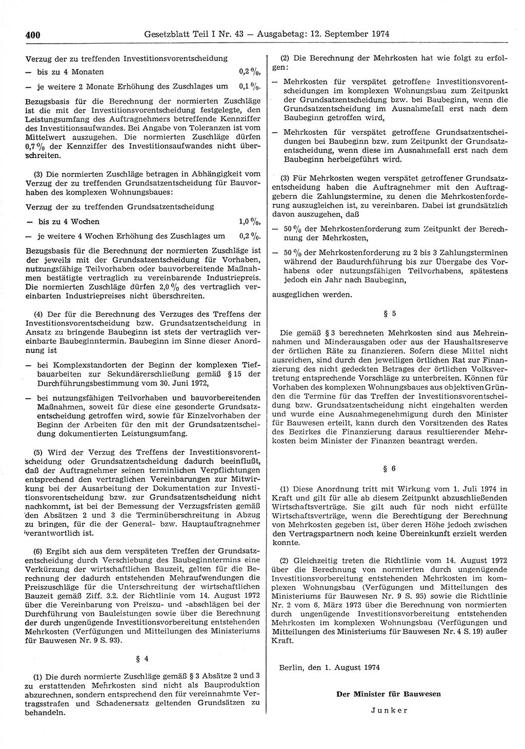 Gesetzblatt (GBl.) der Deutschen Demokratischen Republik (DDR) Teil Ⅰ 1974, Seite 400 (GBl. DDR Ⅰ 1974, S. 400)
