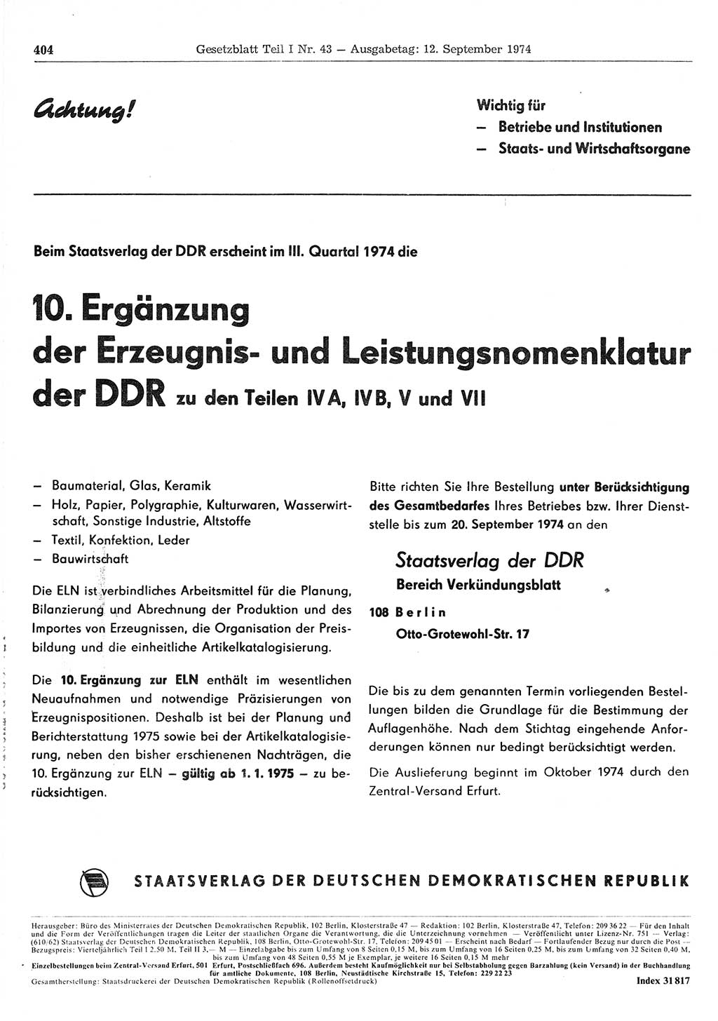 Gesetzblatt (GBl.) der Deutschen Demokratischen Republik (DDR) Teil Ⅰ 1974, Seite 404 (GBl. DDR Ⅰ 1974, S. 404)