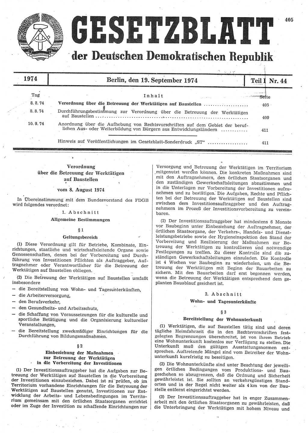 Gesetzblatt (GBl.) der Deutschen Demokratischen Republik (DDR) Teil Ⅰ 1974, Seite 405 (GBl. DDR Ⅰ 1974, S. 405)