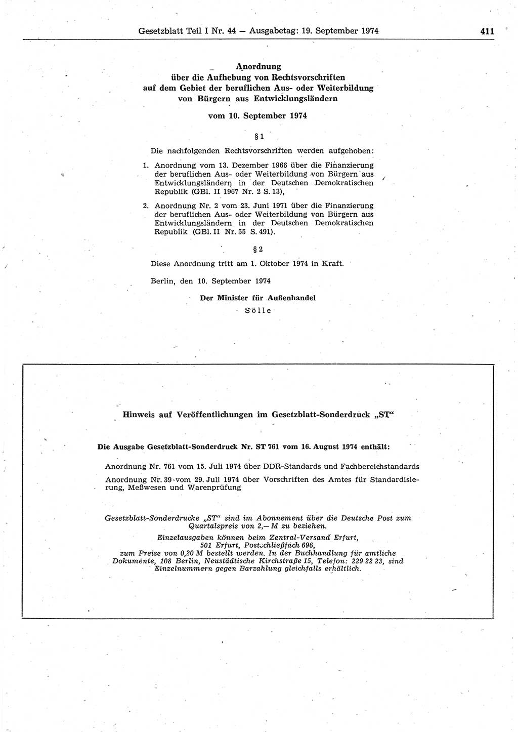 Gesetzblatt (GBl.) der Deutschen Demokratischen Republik (DDR) Teil Ⅰ 1974, Seite 411 (GBl. DDR Ⅰ 1974, S. 411)