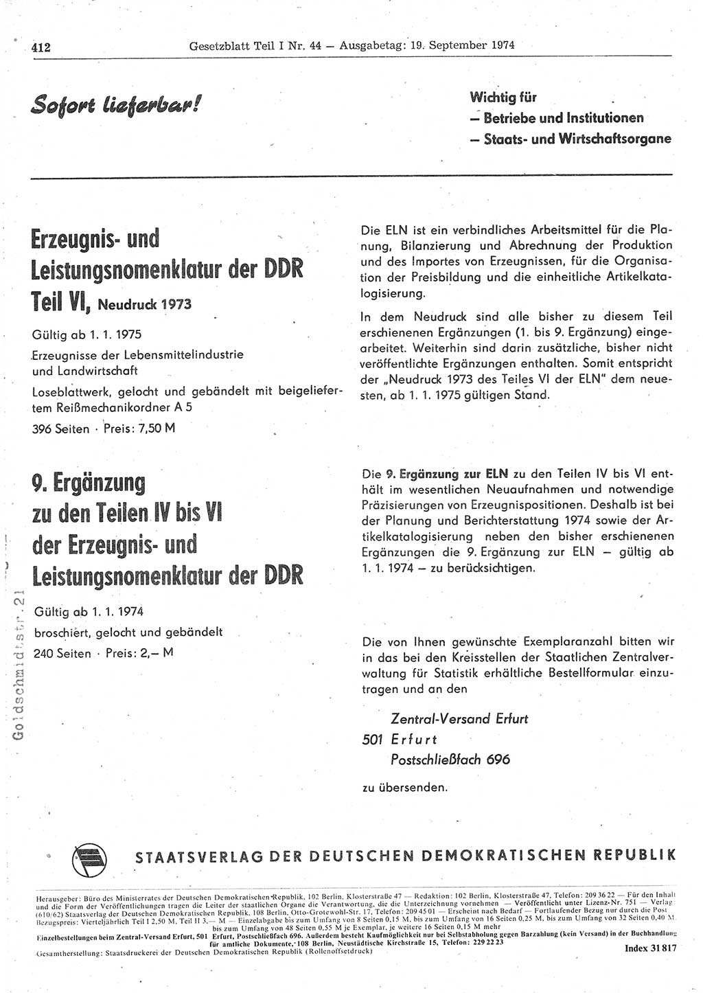 Gesetzblatt (GBl.) der Deutschen Demokratischen Republik (DDR) Teil Ⅰ 1974, Seite 412 (GBl. DDR Ⅰ 1974, S. 412)