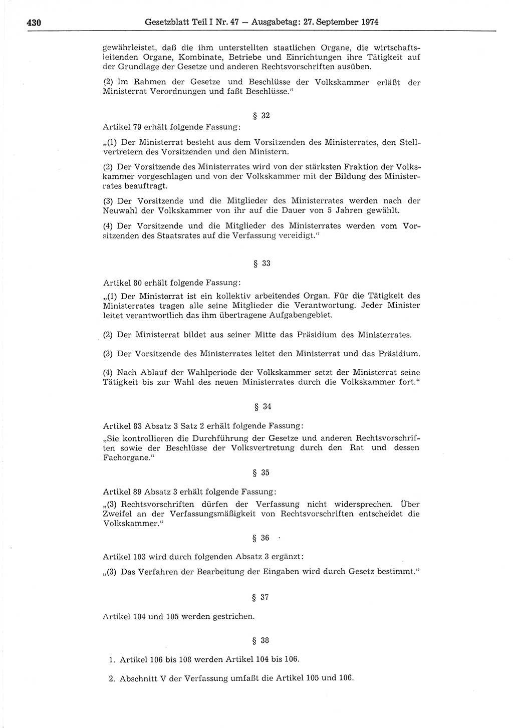 Gesetzblatt (GBl.) der Deutschen Demokratischen Republik (DDR) Teil Ⅰ 1974, Seite 430 (GBl. DDR Ⅰ 1974, S. 430)