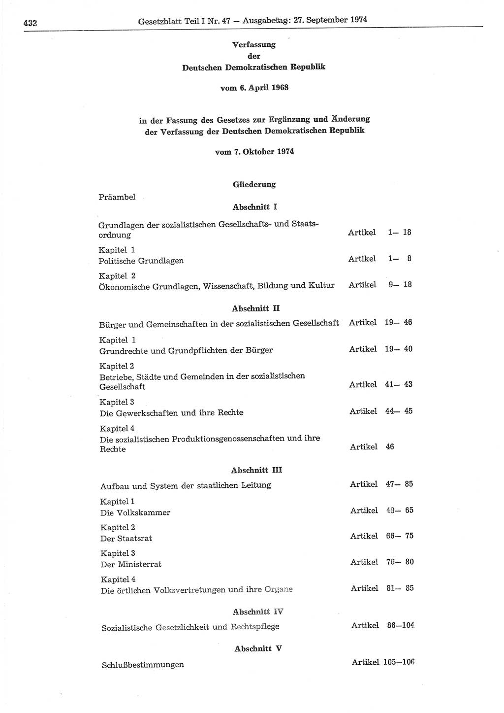 Gesetzblatt (GBl.) der Deutschen Demokratischen Republik (DDR) Teil Ⅰ 1974, Seite 432 (GBl. DDR Ⅰ 1974, S. 432)