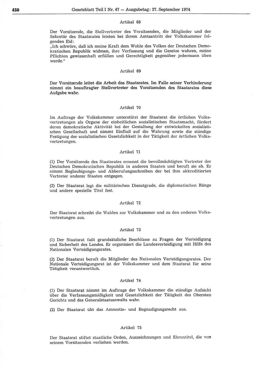 Gesetzblatt (GBl.) der Deutschen Demokratischen Republik (DDR) Teil Ⅰ 1974, Seite 450 (GBl. DDR Ⅰ 1974, S. 450)