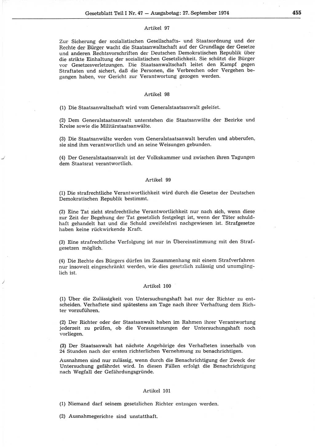 Gesetzblatt (GBl.) der Deutschen Demokratischen Republik (DDR) Teil Ⅰ 1974, Seite 455 (GBl. DDR Ⅰ 1974, S. 455)
