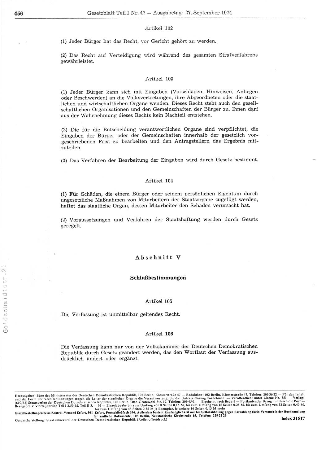 Gesetzblatt (GBl.) der Deutschen Demokratischen Republik (DDR) Teil Ⅰ 1974, Seite 456 (GBl. DDR Ⅰ 1974, S. 456)