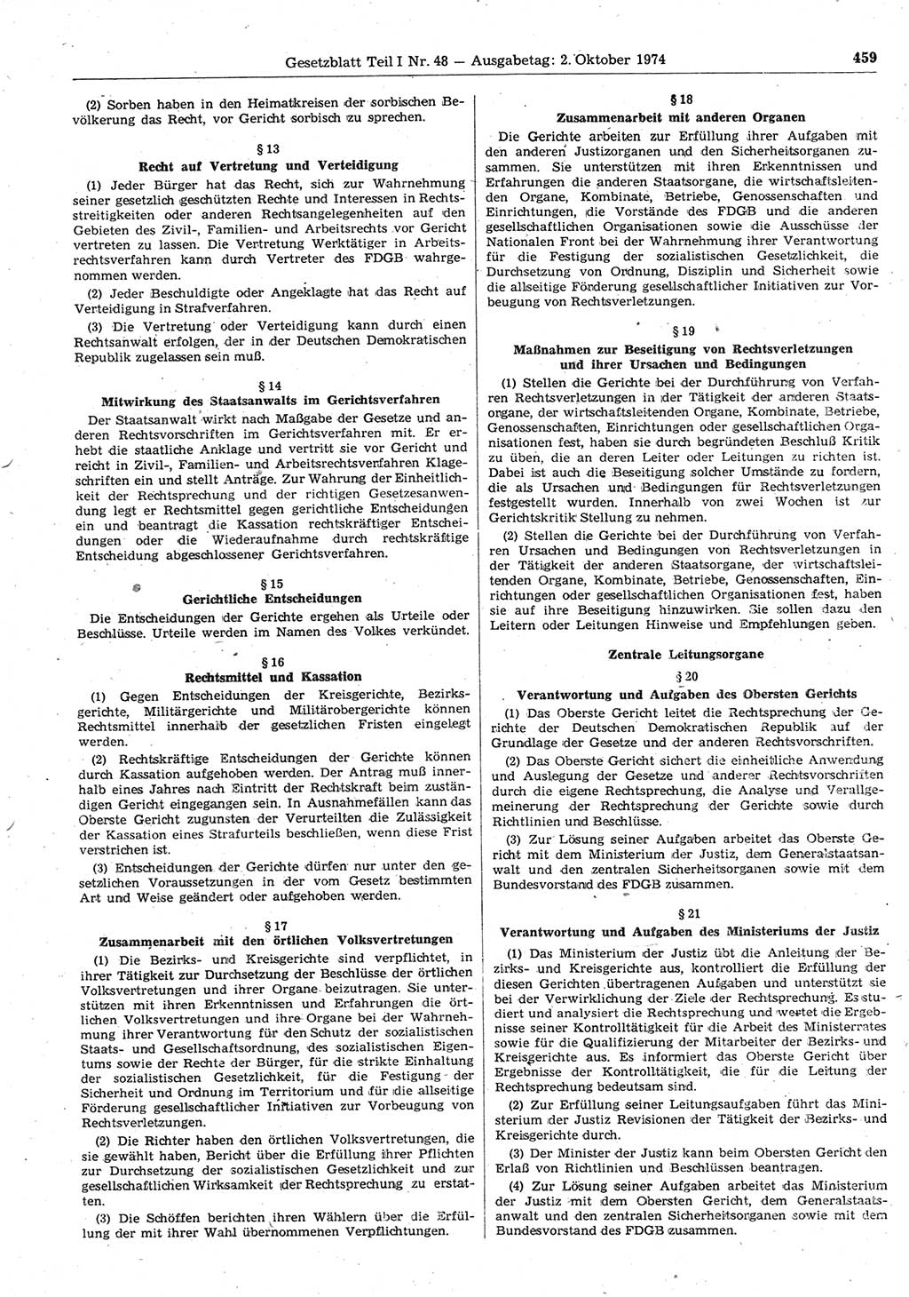 Gesetzblatt (GBl.) der Deutschen Demokratischen Republik (DDR) Teil Ⅰ 1974, Seite 459 (GBl. DDR Ⅰ 1974, S. 459)