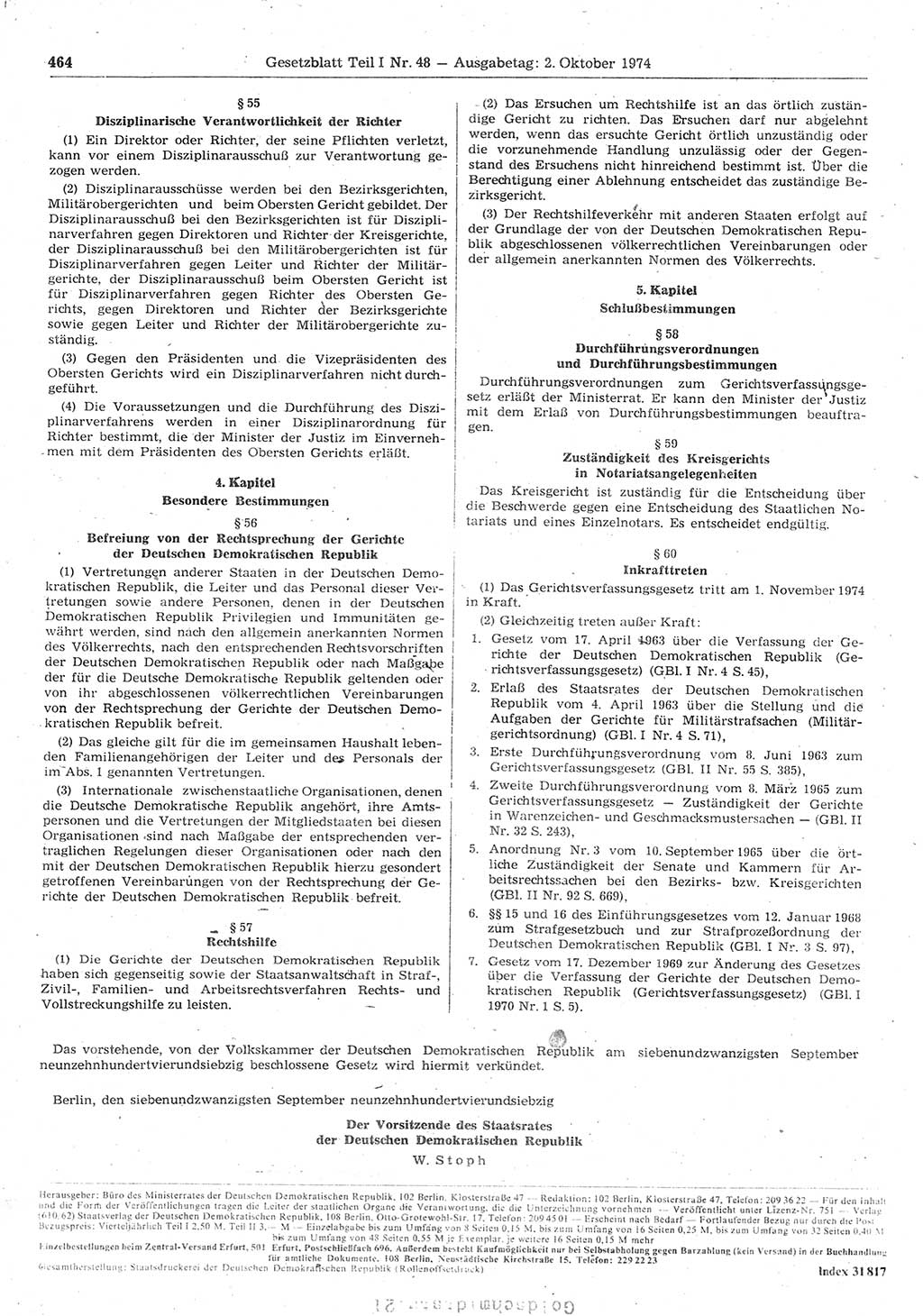 Gesetzblatt (GBl.) der Deutschen Demokratischen Republik (DDR) Teil Ⅰ 1974, Seite 464 (GBl. DDR Ⅰ 1974, S. 464)