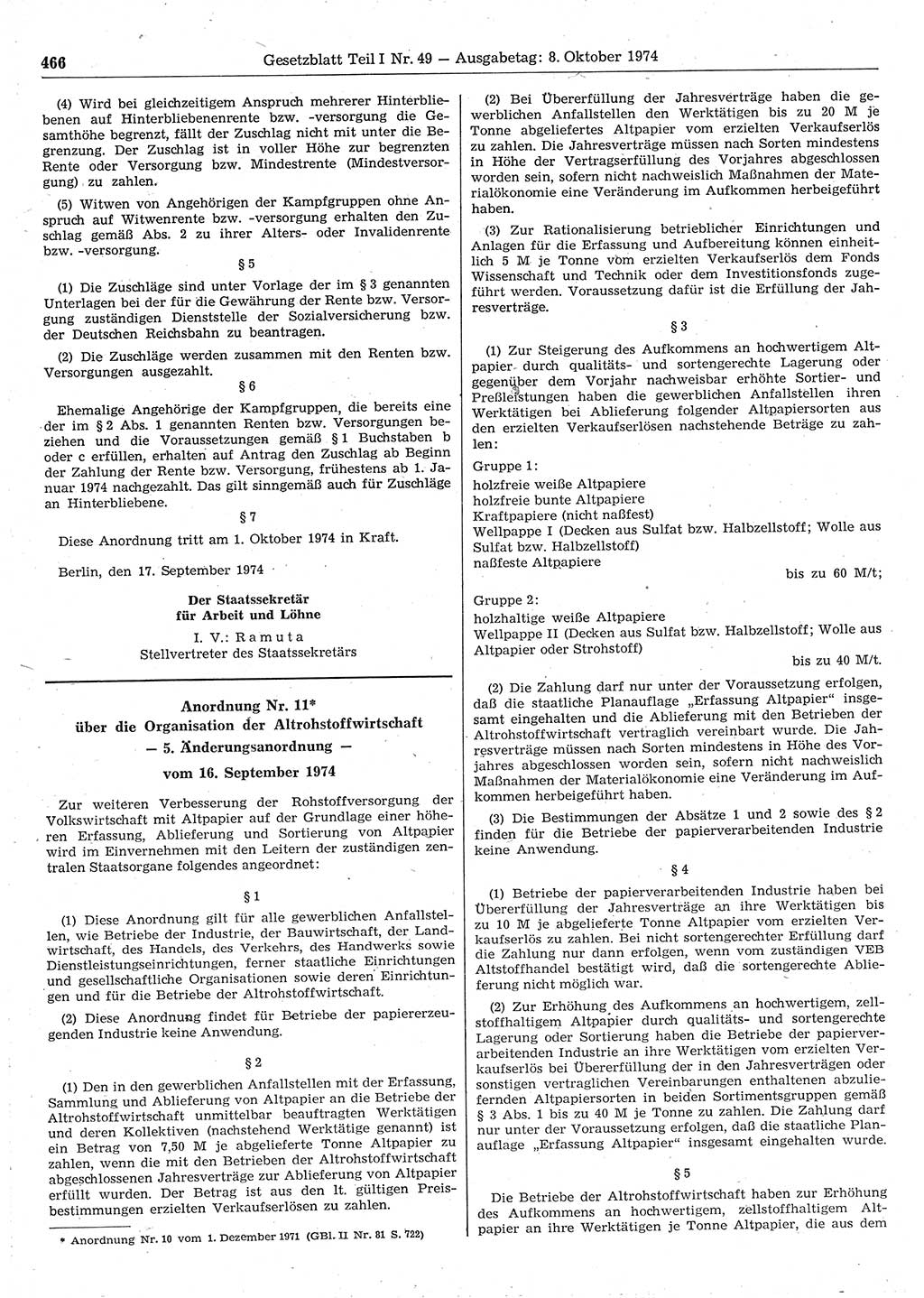 Gesetzblatt (GBl.) der Deutschen Demokratischen Republik (DDR) Teil Ⅰ 1974, Seite 466 (GBl. DDR Ⅰ 1974, S. 466)