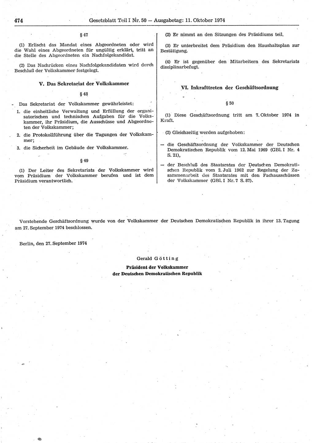 Gesetzblatt (GBl.) der Deutschen Demokratischen Republik (DDR) Teil Ⅰ 1974, Seite 474 (GBl. DDR Ⅰ 1974, S. 474)