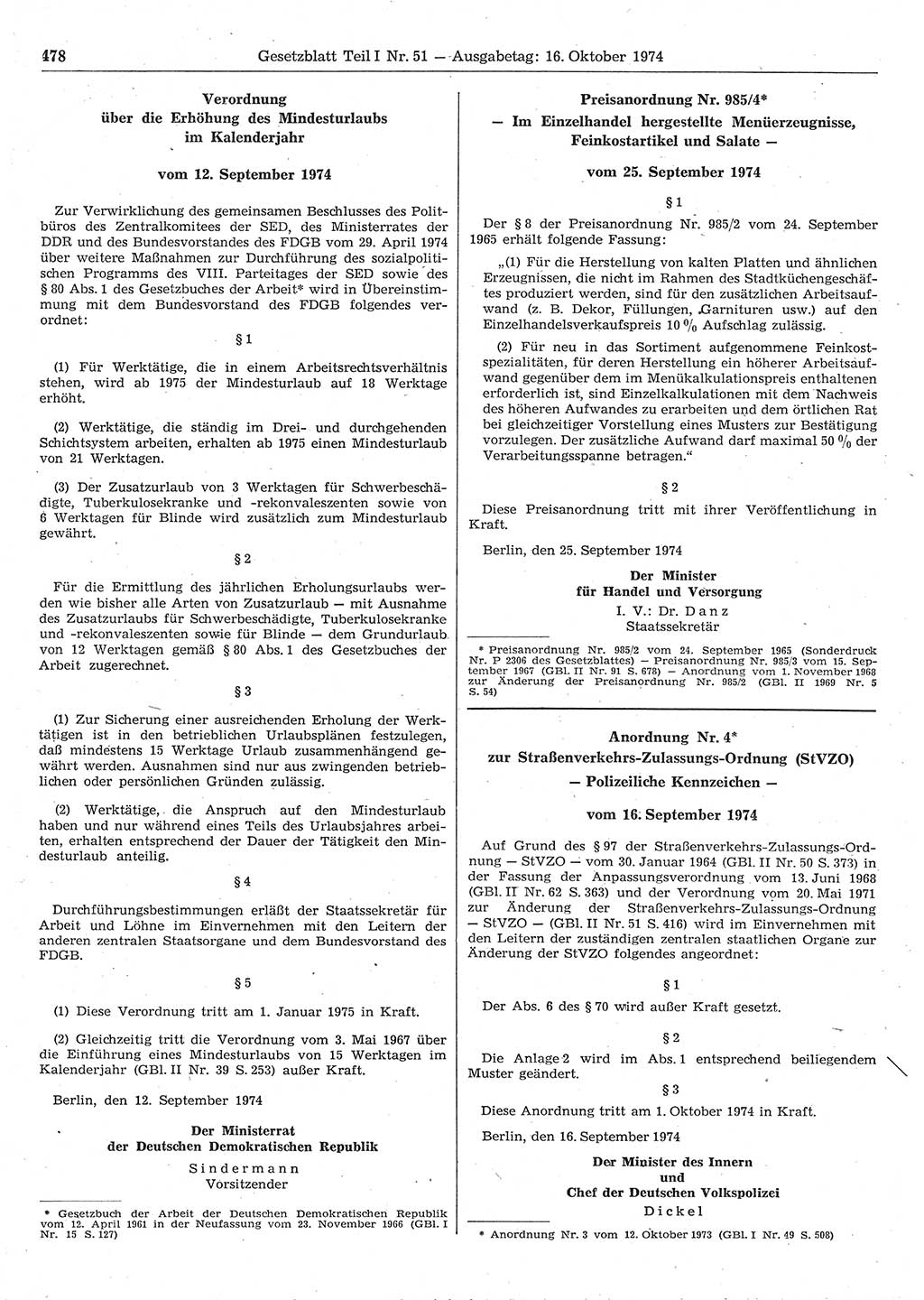 Gesetzblatt (GBl.) der Deutschen Demokratischen Republik (DDR) Teil Ⅰ 1974, Seite 478 (GBl. DDR Ⅰ 1974, S. 478)