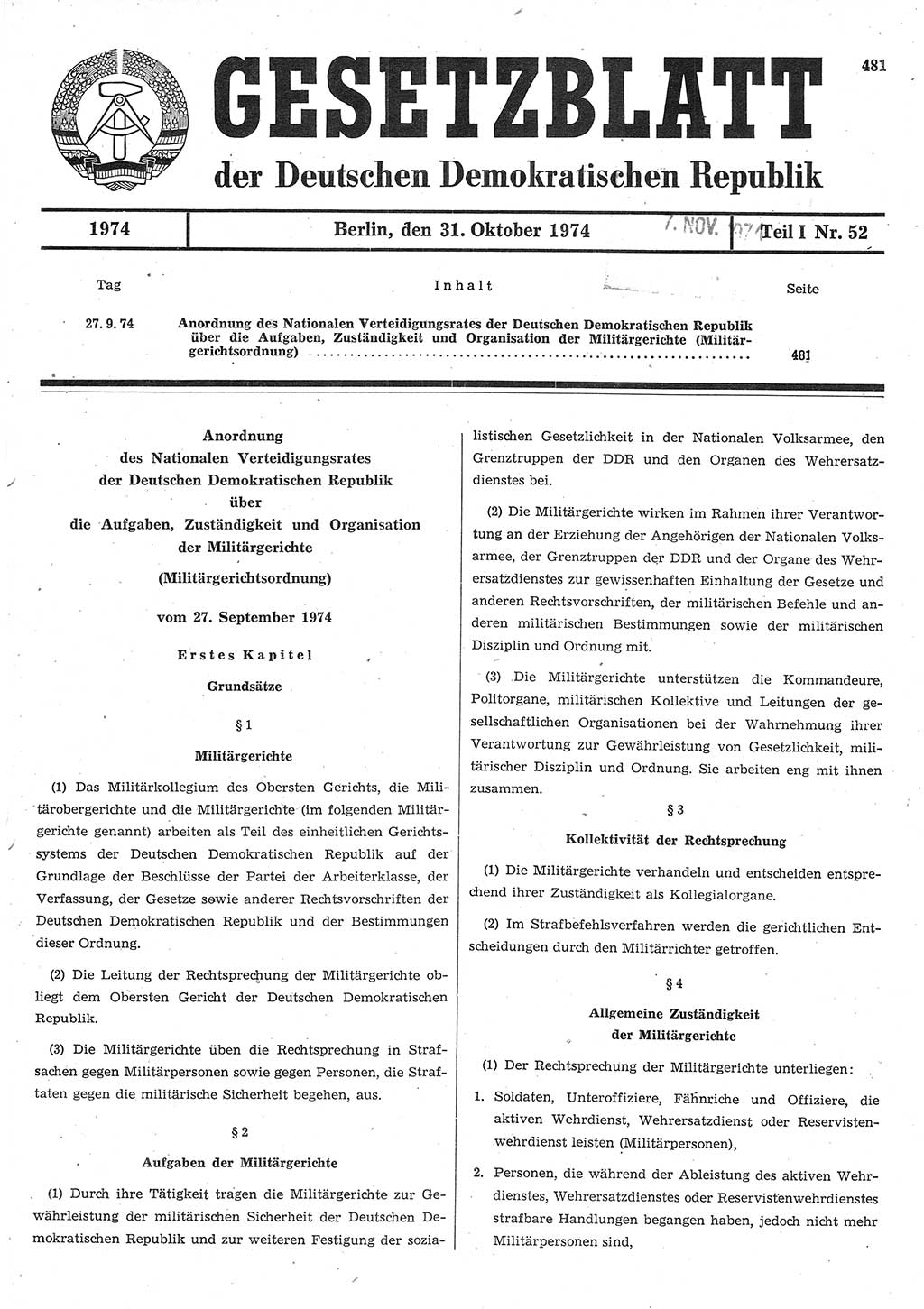 Gesetzblatt (GBl.) der Deutschen Demokratischen Republik (DDR) Teil Ⅰ 1974, Seite 481 (GBl. DDR Ⅰ 1974, S. 481)