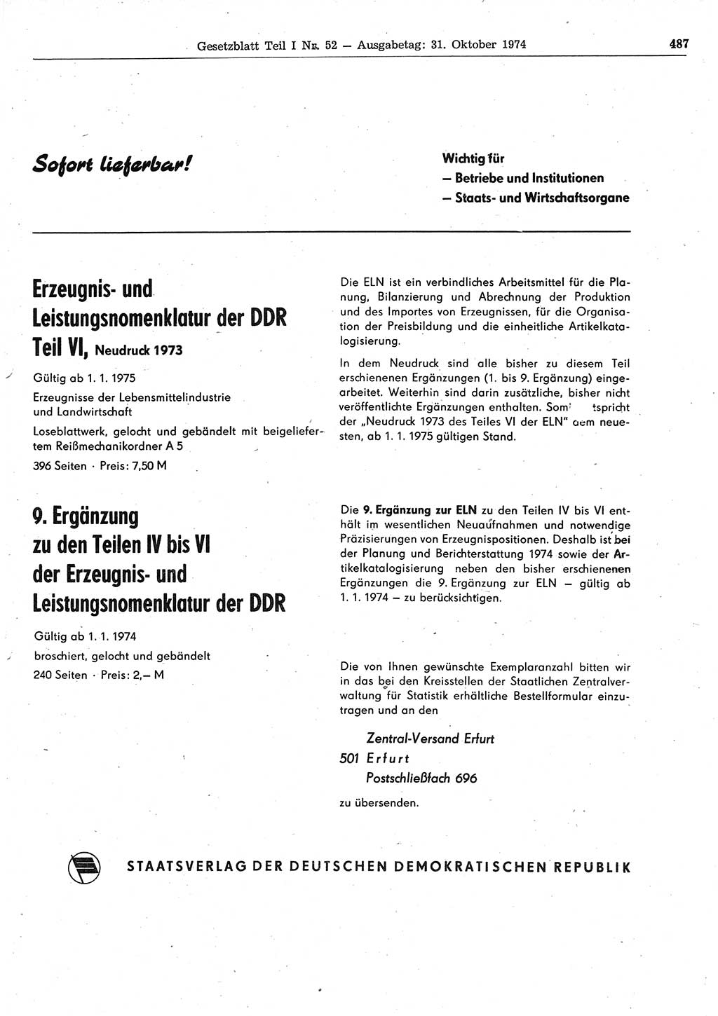 Gesetzblatt (GBl.) der Deutschen Demokratischen Republik (DDR) Teil Ⅰ 1974, Seite 487 (GBl. DDR Ⅰ 1974, S. 487)