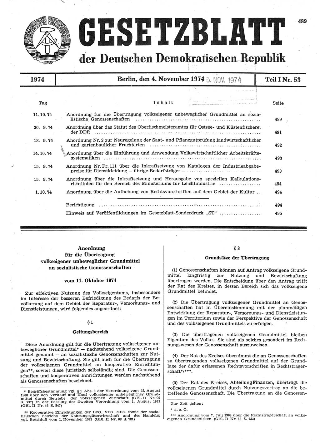 Gesetzblatt (GBl.) der Deutschen Demokratischen Republik (DDR) Teil Ⅰ 1974, Seite 489 (GBl. DDR Ⅰ 1974, S. 489)