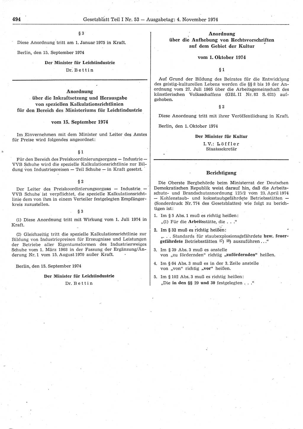 Gesetzblatt (GBl.) der Deutschen Demokratischen Republik (DDR) Teil Ⅰ 1974, Seite 494 (GBl. DDR Ⅰ 1974, S. 494)