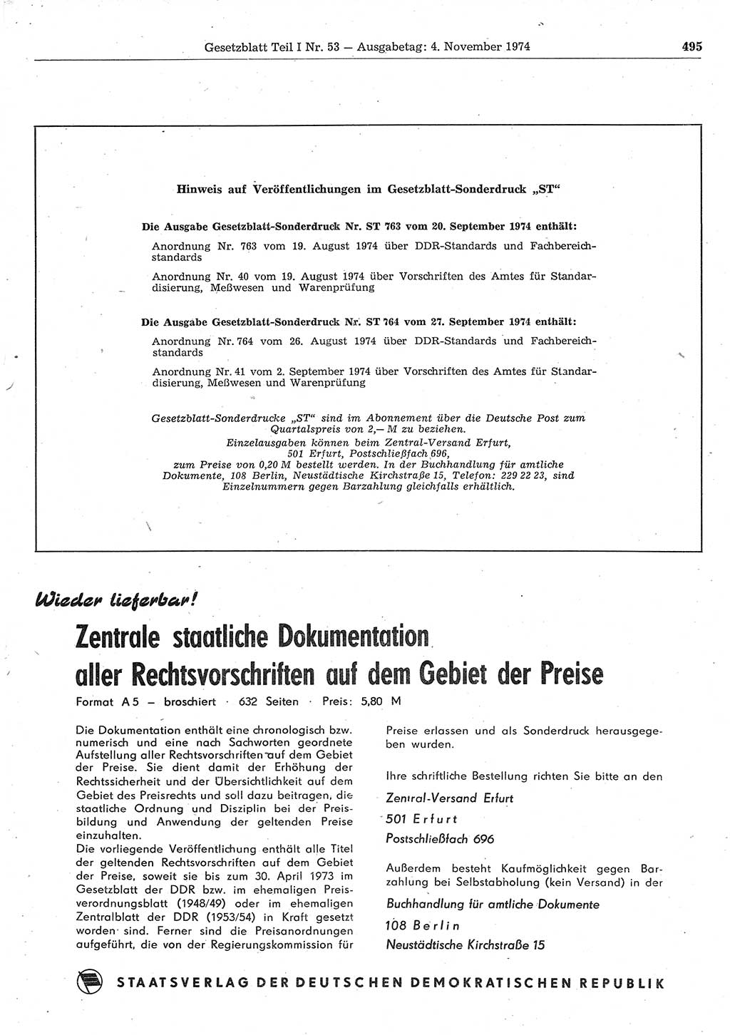 Gesetzblatt (GBl.) der Deutschen Demokratischen Republik (DDR) Teil Ⅰ 1974, Seite 495 (GBl. DDR Ⅰ 1974, S. 495)