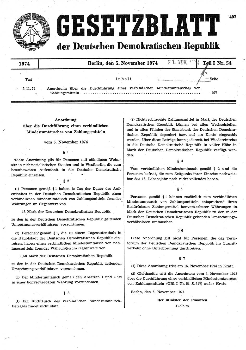 Gesetzblatt (GBl.) der Deutschen Demokratischen Republik (DDR) Teil Ⅰ 1974, Seite 497 (GBl. DDR Ⅰ 1974, S. 497)