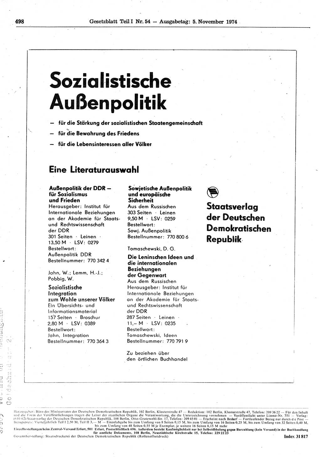 Gesetzblatt (GBl.) der Deutschen Demokratischen Republik (DDR) Teil Ⅰ 1974, Seite 498 (GBl. DDR Ⅰ 1974, S. 498)