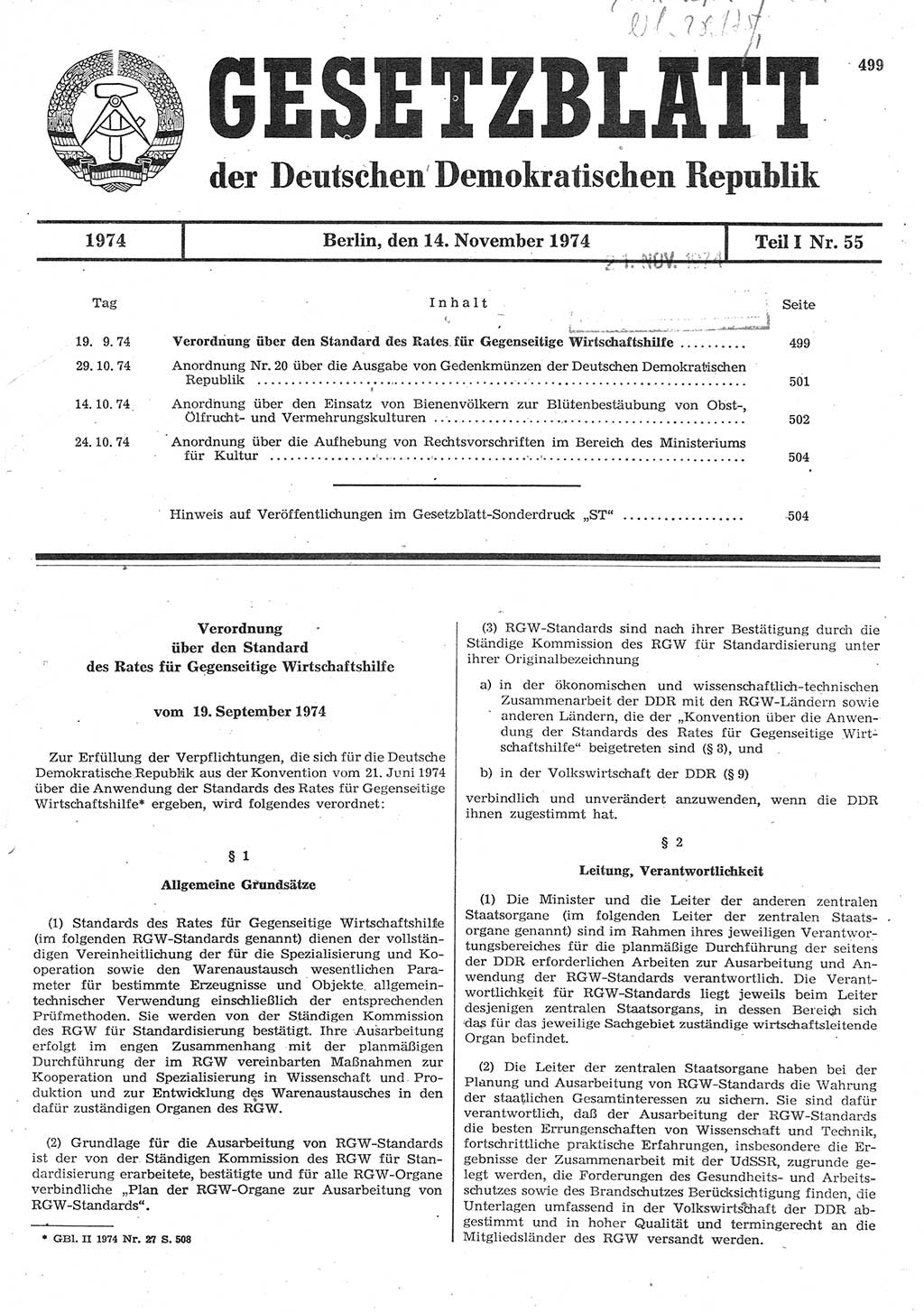 Gesetzblatt (GBl.) der Deutschen Demokratischen Republik (DDR) Teil Ⅰ 1974, Seite 499 (GBl. DDR Ⅰ 1974, S. 499)