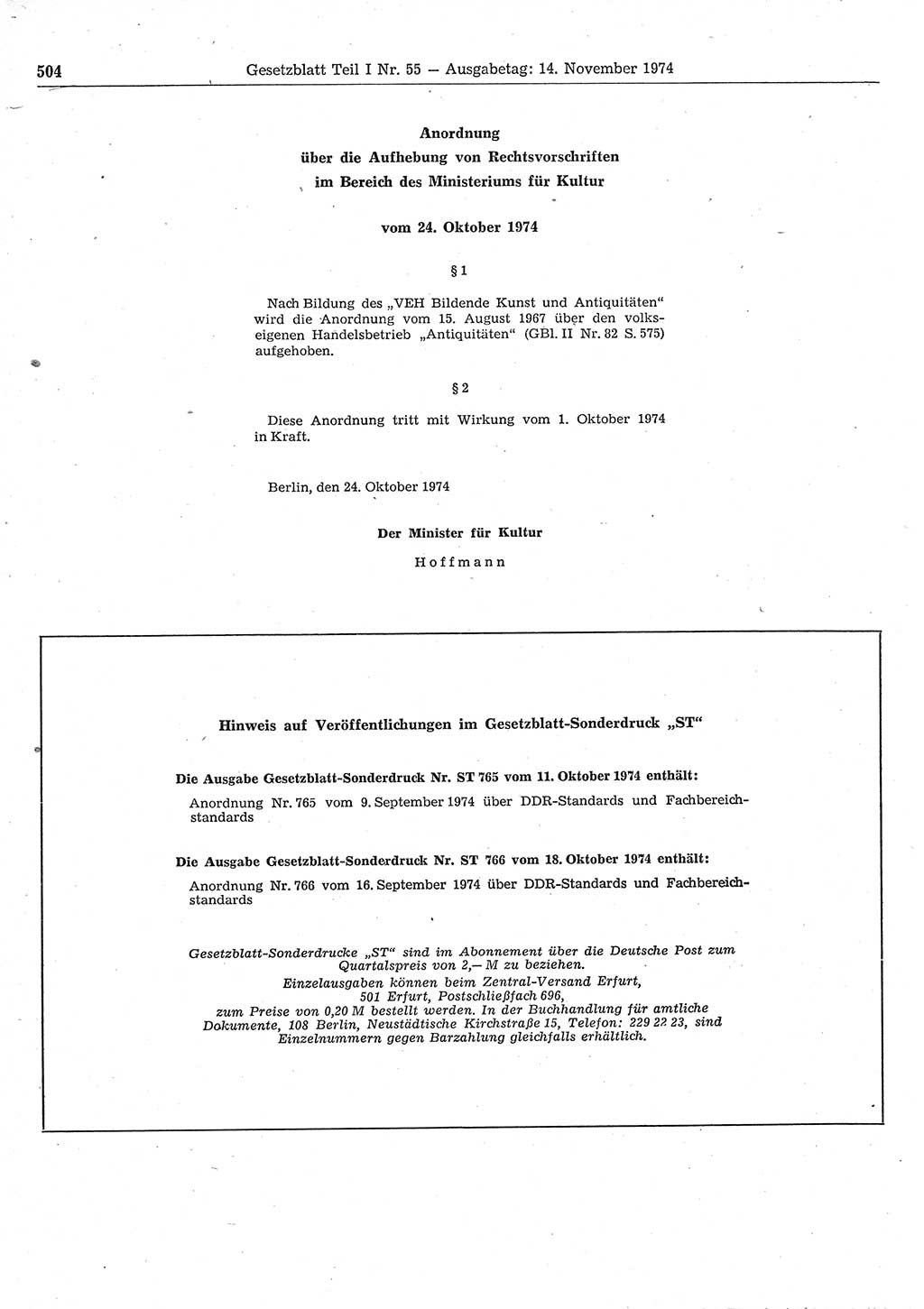 Gesetzblatt (GBl.) der Deutschen Demokratischen Republik (DDR) Teil Ⅰ 1974, Seite 504 (GBl. DDR Ⅰ 1974, S. 504)