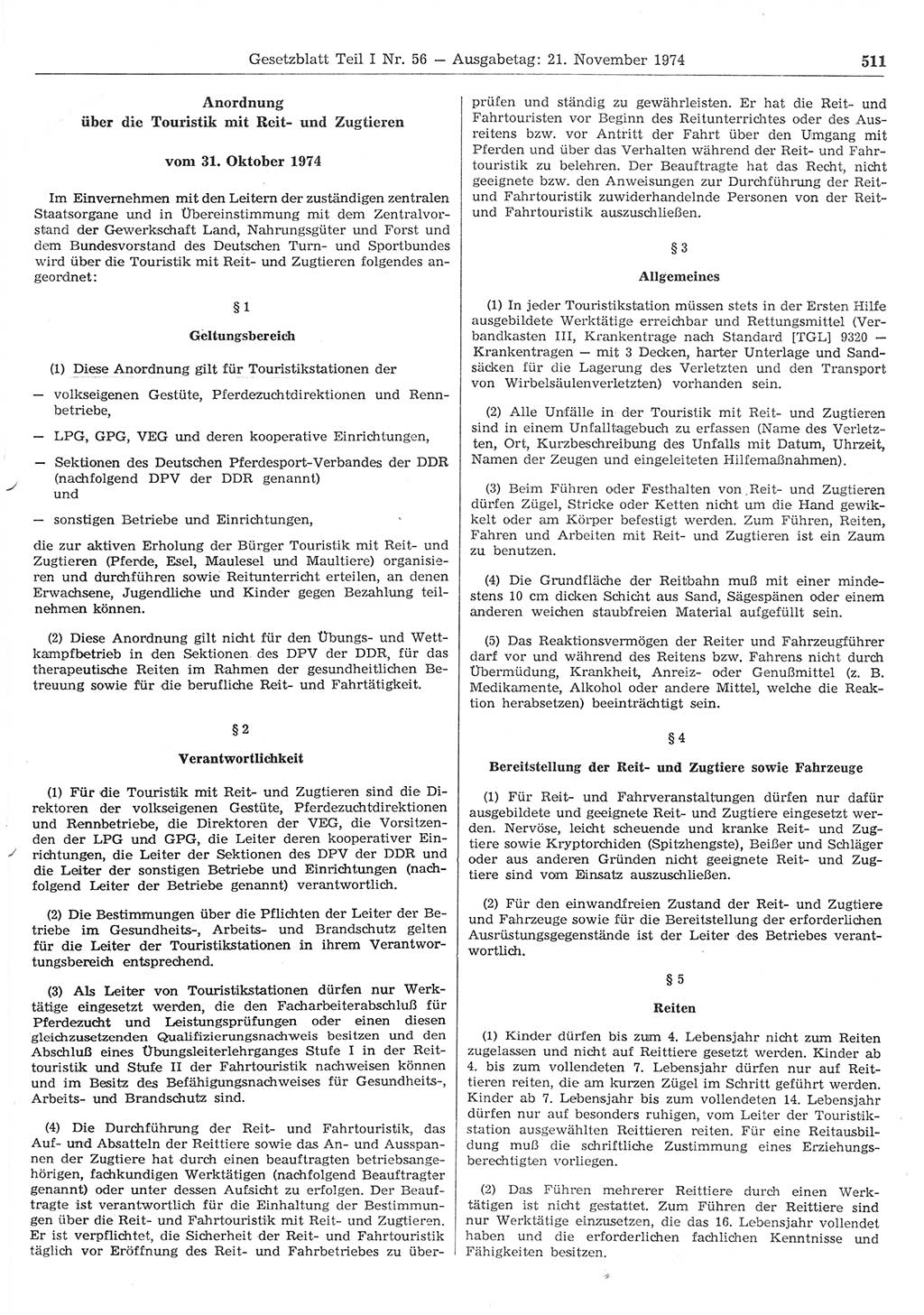 Gesetzblatt (GBl.) der Deutschen Demokratischen Republik (DDR) Teil Ⅰ 1974, Seite 511 (GBl. DDR Ⅰ 1974, S. 511)