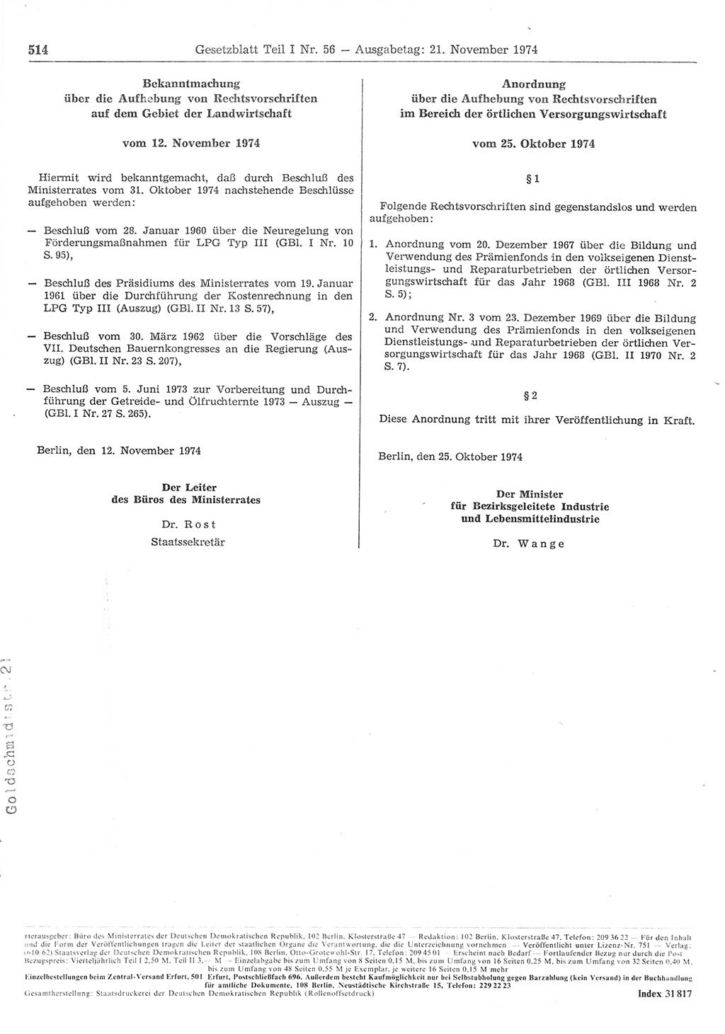 Gesetzblatt (GBl.) der Deutschen Demokratischen Republik (DDR) Teil Ⅰ 1974, Seite 514 (GBl. DDR Ⅰ 1974, S. 514)