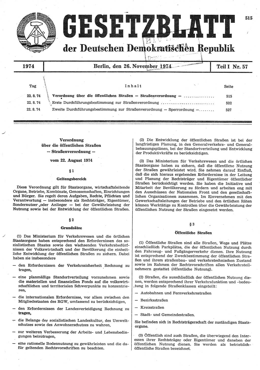 Gesetzblatt (GBl.) der Deutschen Demokratischen Republik (DDR) Teil Ⅰ 1974, Seite 515 (GBl. DDR Ⅰ 1974, S. 515)