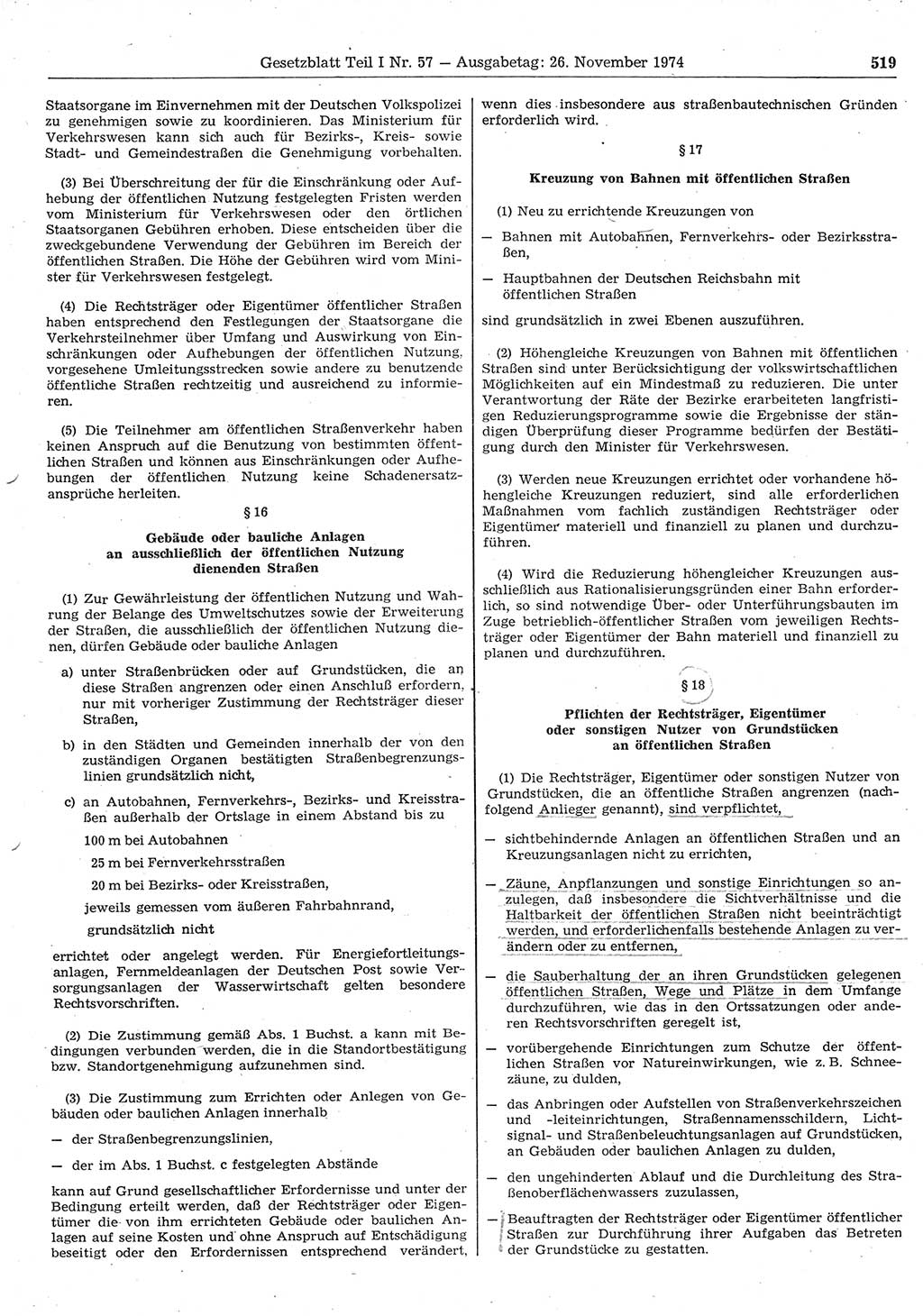 Gesetzblatt (GBl.) der Deutschen Demokratischen Republik (DDR) Teil Ⅰ 1974, Seite 519 (GBl. DDR Ⅰ 1974, S. 519)