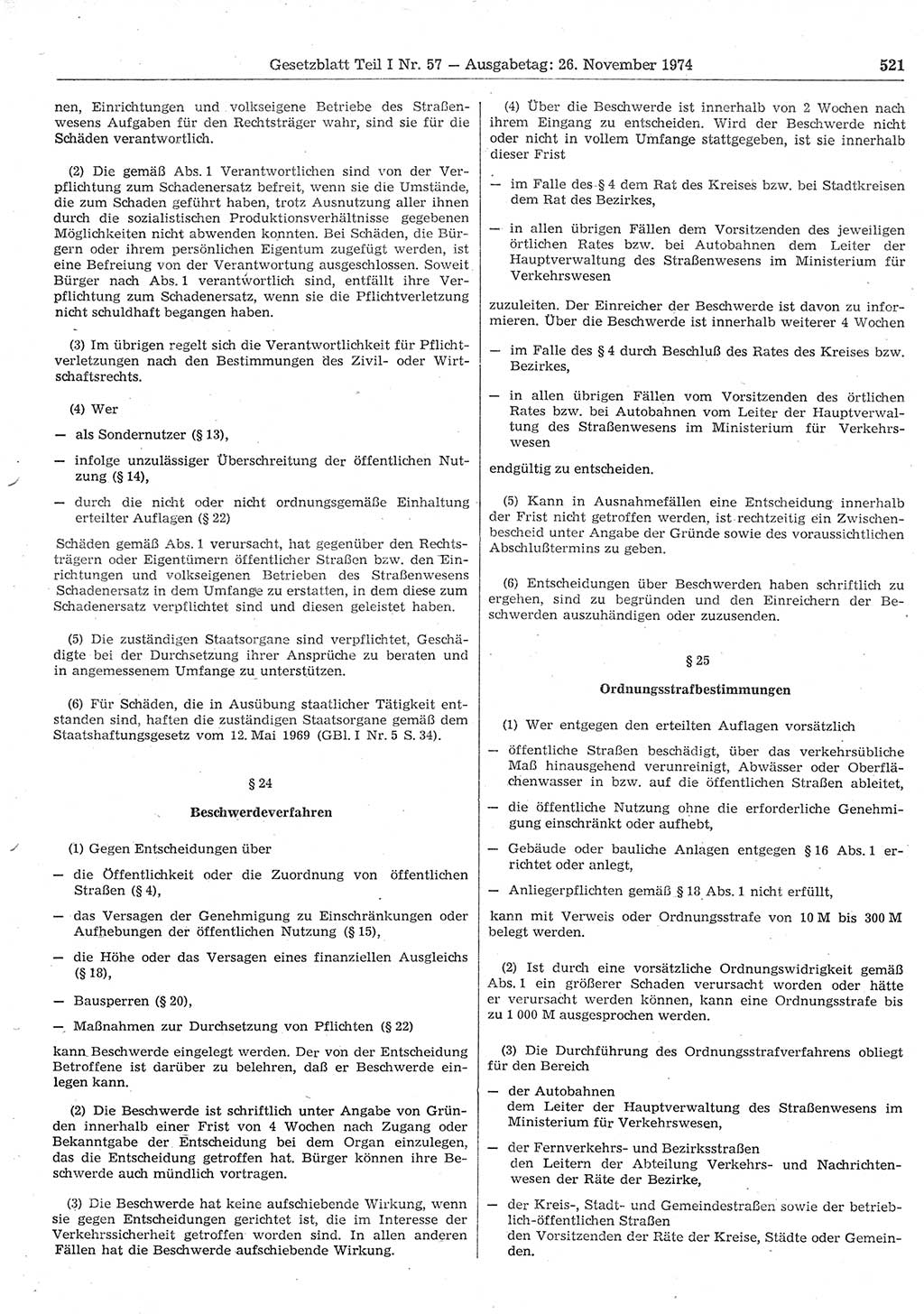 Gesetzblatt (GBl.) der Deutschen Demokratischen Republik (DDR) Teil Ⅰ 1974, Seite 521 (GBl. DDR Ⅰ 1974, S. 521)