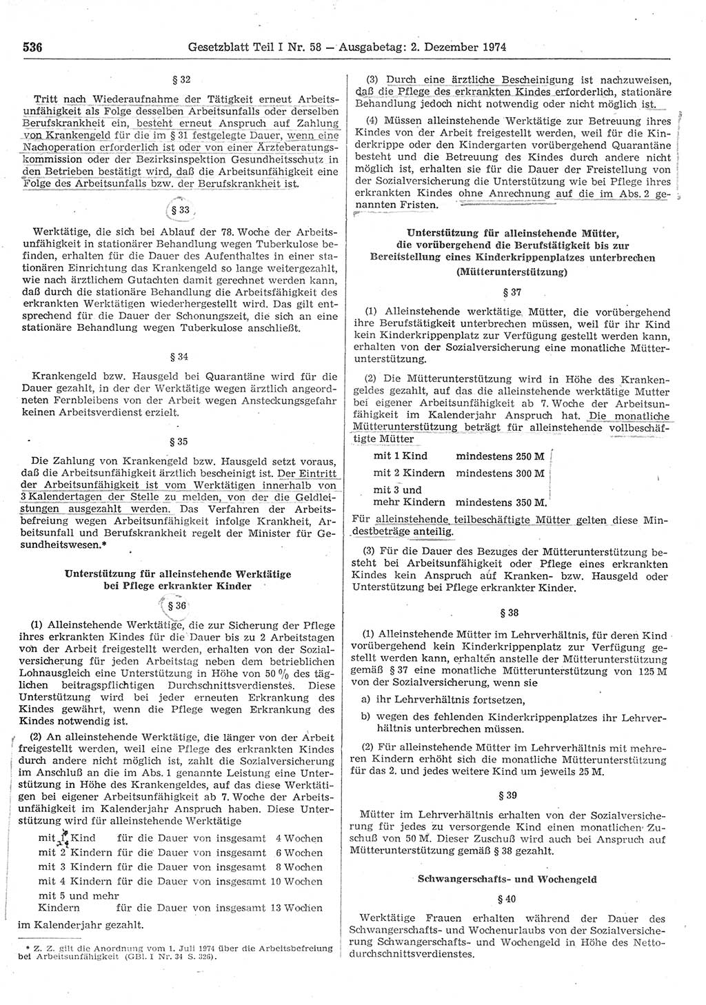 Gesetzblatt (GBl.) der Deutschen Demokratischen Republik (DDR) Teil Ⅰ 1974, Seite 536 (GBl. DDR Ⅰ 1974, S. 536)