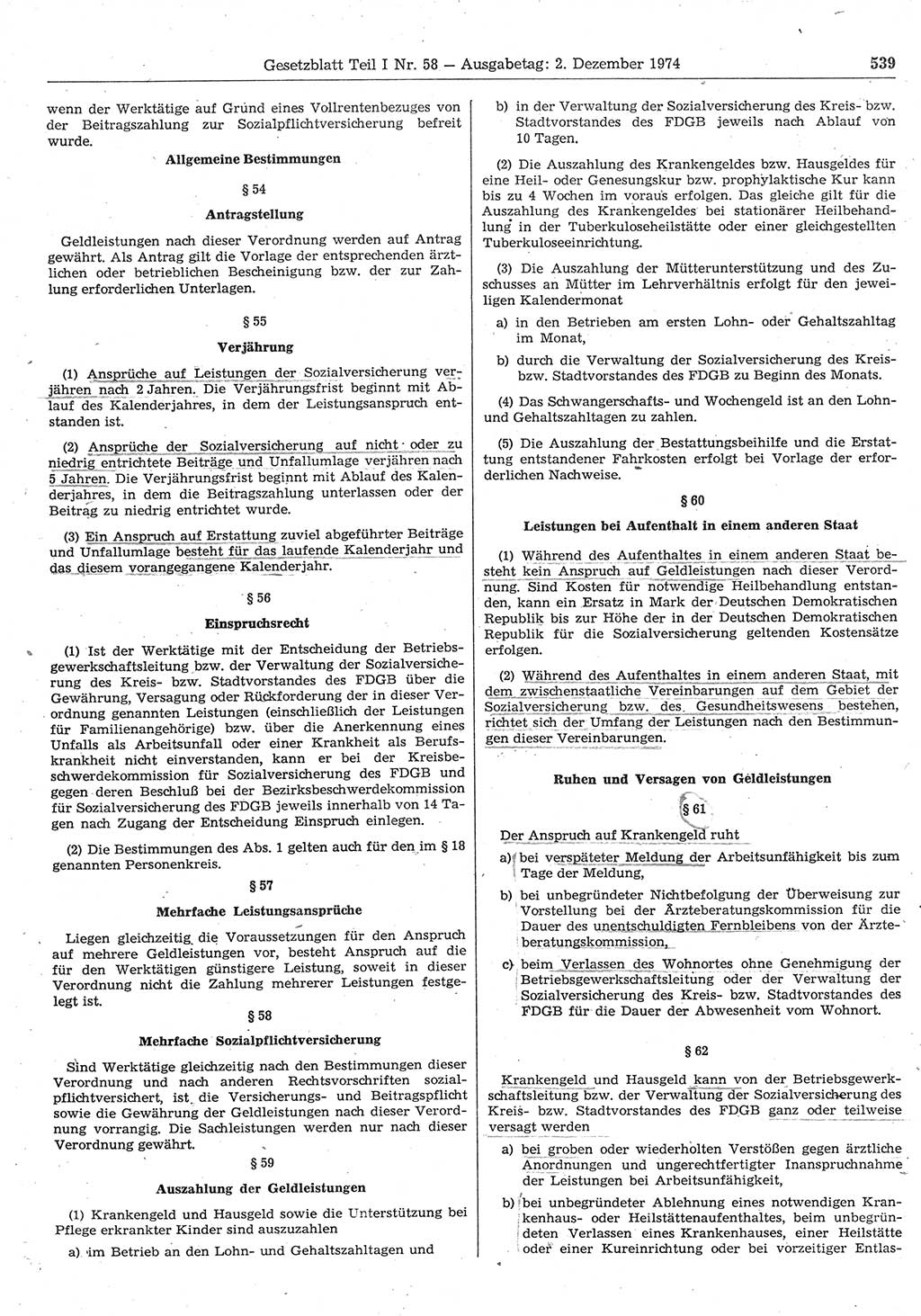 Gesetzblatt (GBl.) der Deutschen Demokratischen Republik (DDR) Teil Ⅰ 1974, Seite 539 (GBl. DDR Ⅰ 1974, S. 539)