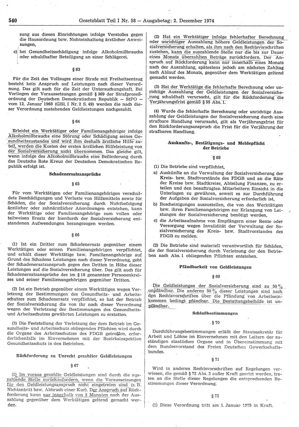 Gesetzblatt (GBl.) der Deutschen Demokratischen Republik (DDR) Teil Ⅰ 1974, Seite 540 (GBl. DDR Ⅰ 1974, S. 540)