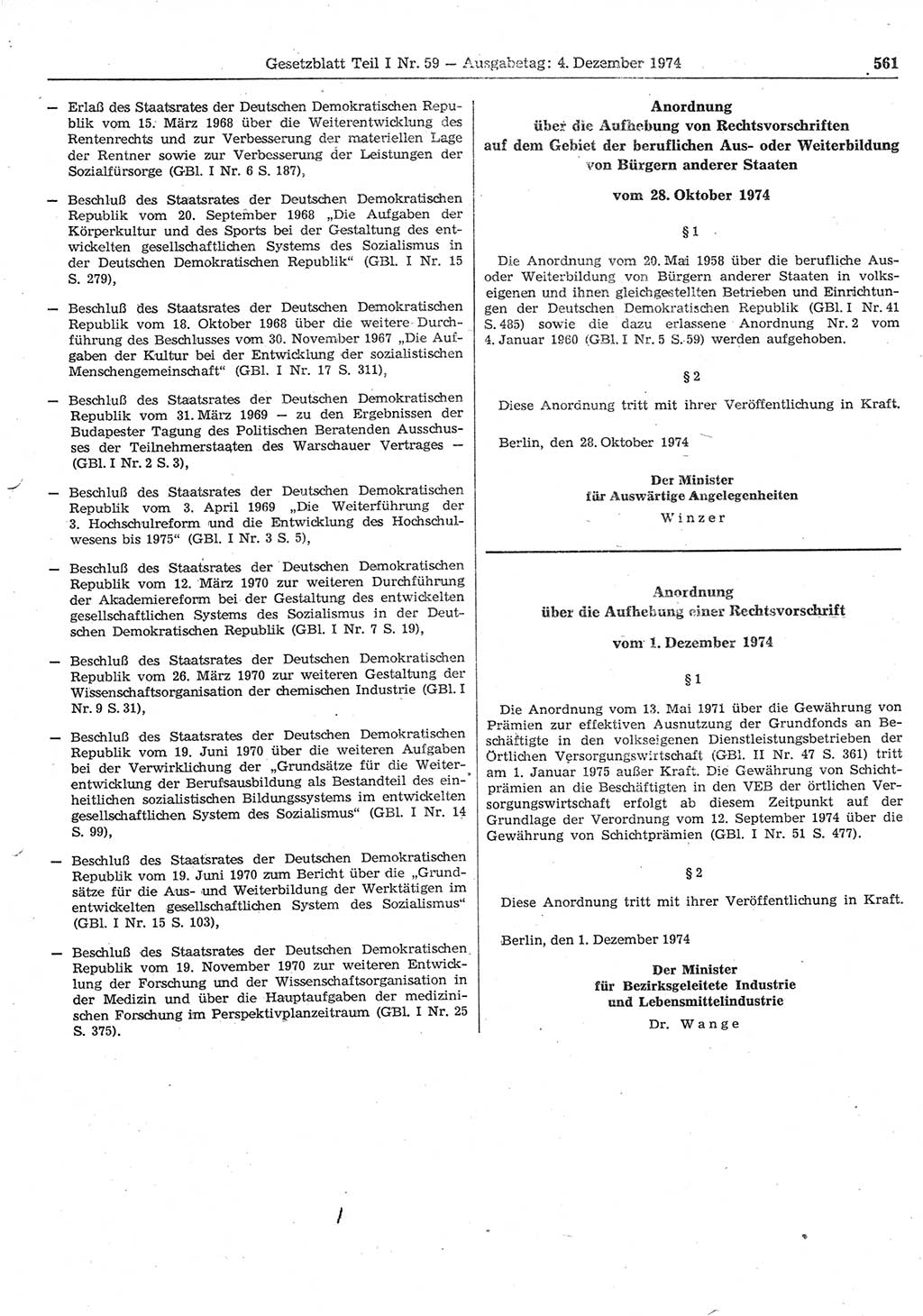 Gesetzblatt (GBl.) der Deutschen Demokratischen Republik (DDR) Teil Ⅰ 1974, Seite 561 (GBl. DDR Ⅰ 1974, S. 561)