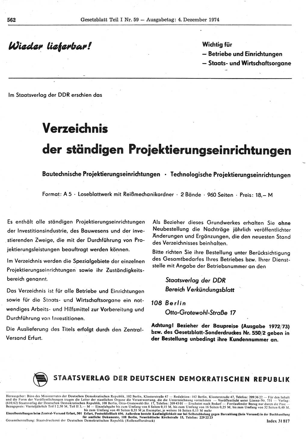 Gesetzblatt (GBl.) der Deutschen Demokratischen Republik (DDR) Teil Ⅰ 1974, Seite 562 (GBl. DDR Ⅰ 1974, S. 562)