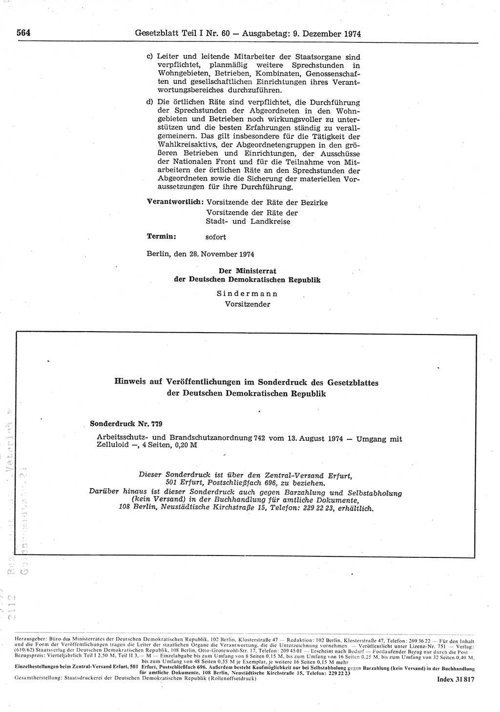 Gesetzblatt (GBl.) der Deutschen Demokratischen Republik (DDR) Teil Ⅰ 1974, Seite 564 (GBl. DDR Ⅰ 1974, S. 564)