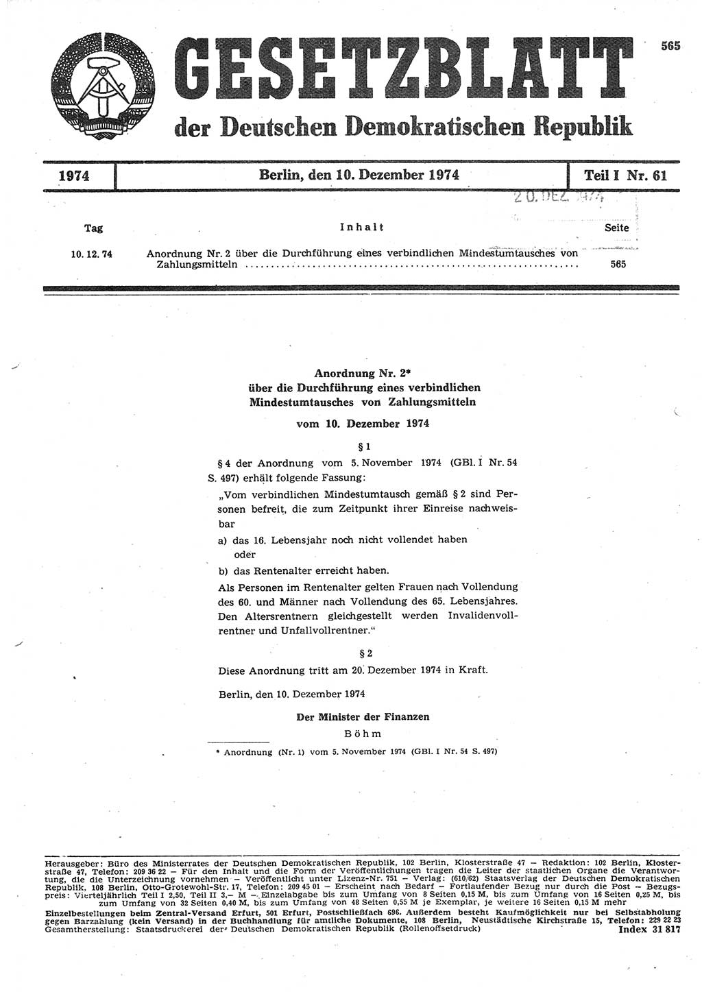 Gesetzblatt (GBl.) der Deutschen Demokratischen Republik (DDR) Teil Ⅰ 1974, Seite 565 (GBl. DDR Ⅰ 1974, S. 565)