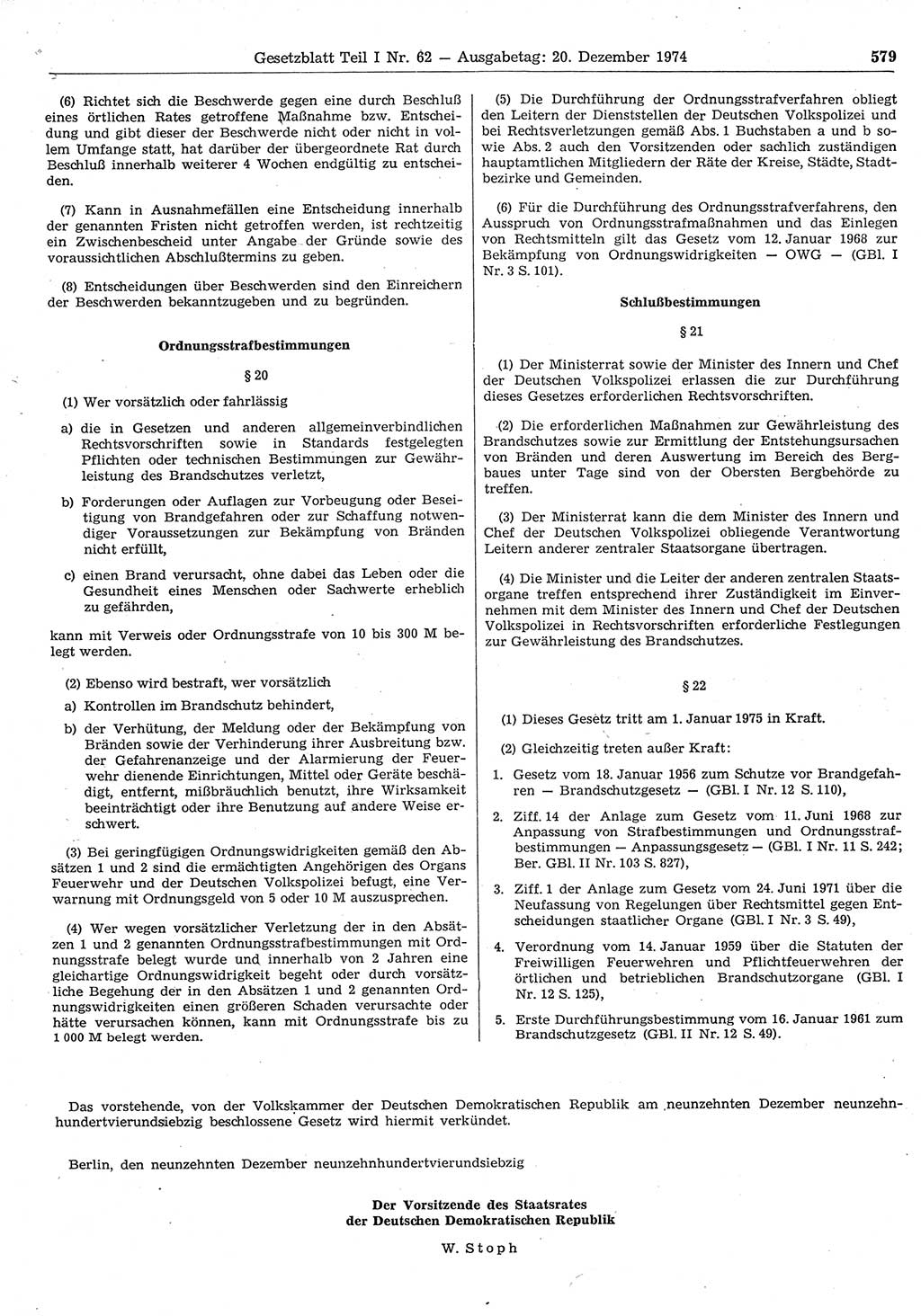 Gesetzblatt (GBl.) der Deutschen Demokratischen Republik (DDR) Teil Ⅰ 1974, Seite 579 (GBl. DDR Ⅰ 1974, S. 579)