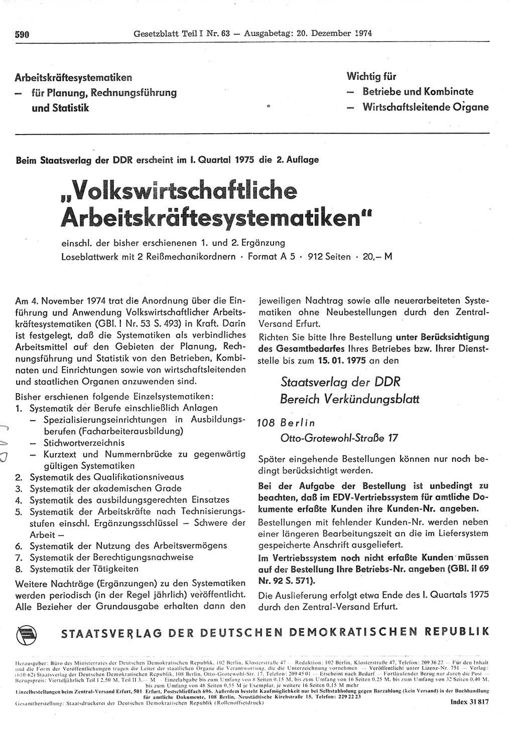 Gesetzblatt (GBl.) der Deutschen Demokratischen Republik (DDR) Teil Ⅰ 1974, Seite 590 (GBl. DDR Ⅰ 1974, S. 590)