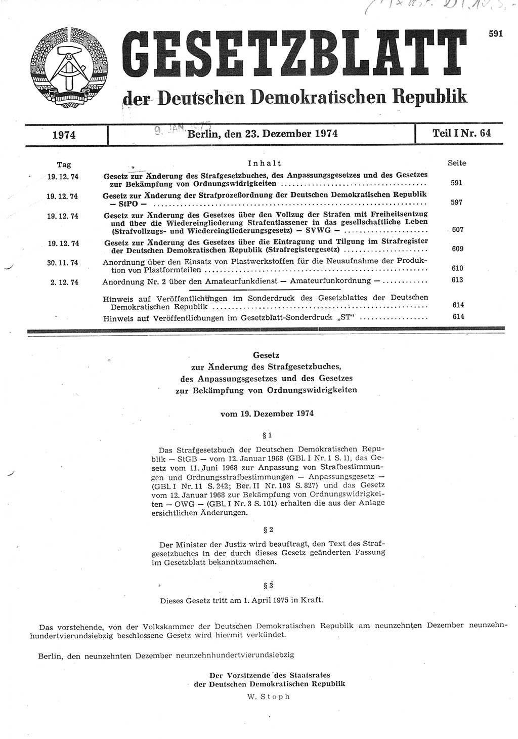 Gesetzblatt (GBl.) der Deutschen Demokratischen Republik (DDR) Teil Ⅰ 1974, Seite 591 (GBl. DDR Ⅰ 1974, S. 591)