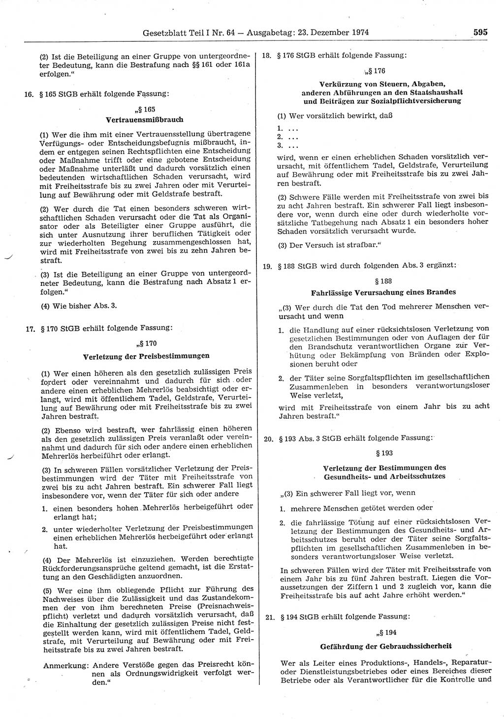 Gesetzblatt (GBl.) der Deutschen Demokratischen Republik (DDR) Teil Ⅰ 1974, Seite 595 (GBl. DDR Ⅰ 1974, S. 595)