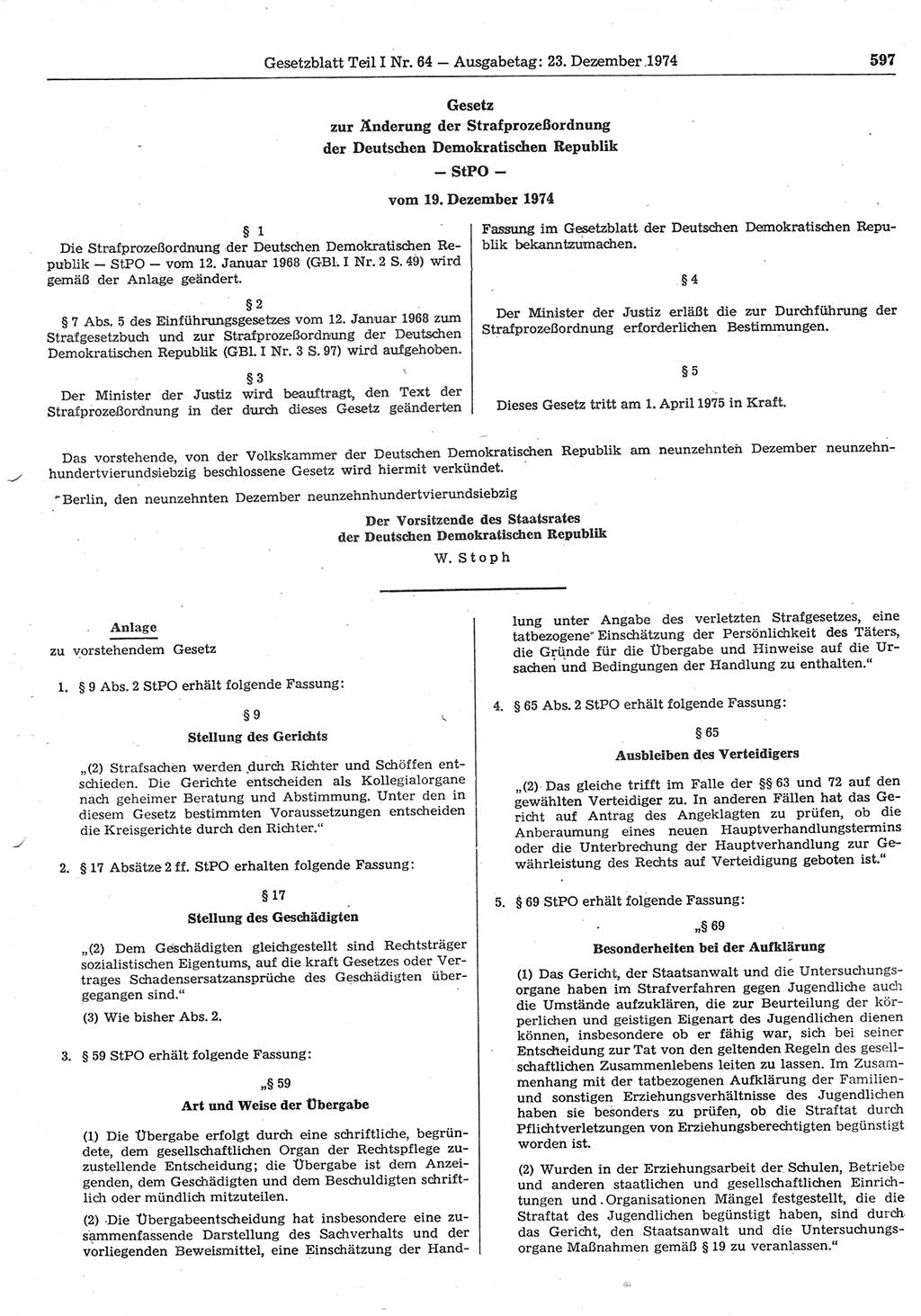 Gesetzblatt (GBl.) der Deutschen Demokratischen Republik (DDR) Teil Ⅰ 1974, Seite 597 (GBl. DDR Ⅰ 1974, S. 597)