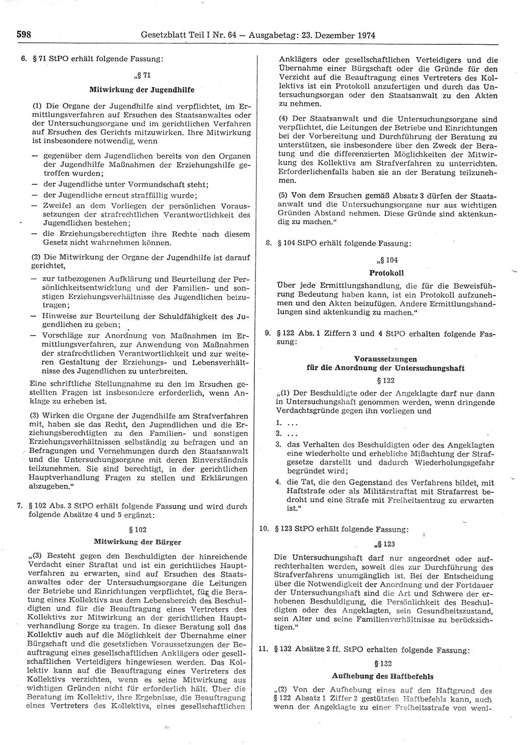 Gesetzblatt (GBl.) der Deutschen Demokratischen Republik (DDR) Teil Ⅰ 1974, Seite 598 (GBl. DDR Ⅰ 1974, S. 598)