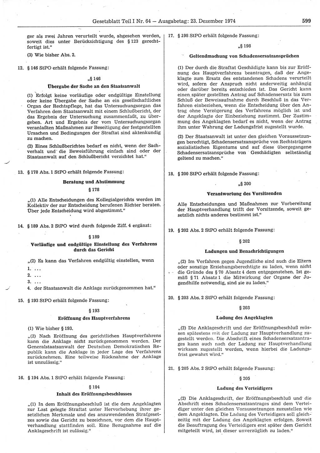 Gesetzblatt (GBl.) der Deutschen Demokratischen Republik (DDR) Teil Ⅰ 1974, Seite 599 (GBl. DDR Ⅰ 1974, S. 599)